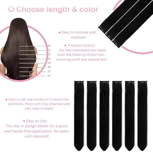 (26 inch) High Volume Long Length Hair Extension Highlight For Women And Girls Soft Silky (Set Of 6 pcs) (black) Easy To Wear Washable Real Look