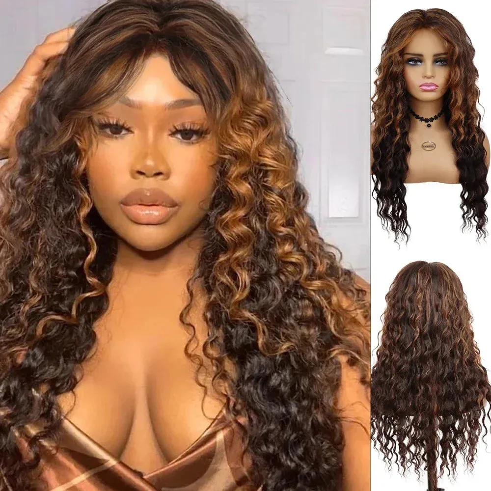 26 inches Long Hair Wigs for Women Synthetic Fiber Curly Brown Mix Blonde Wig Natural Female Halloween Carnival Party