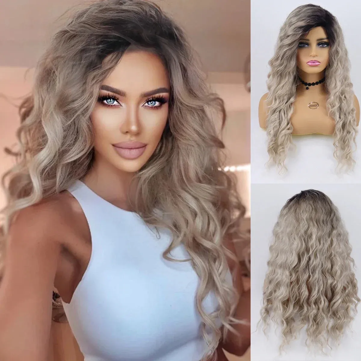 26 inches Long Hair Wigs for Women Synthetic Fiber Curly Brown Mix Blonde Wig Natural Female Halloween Carnival Party