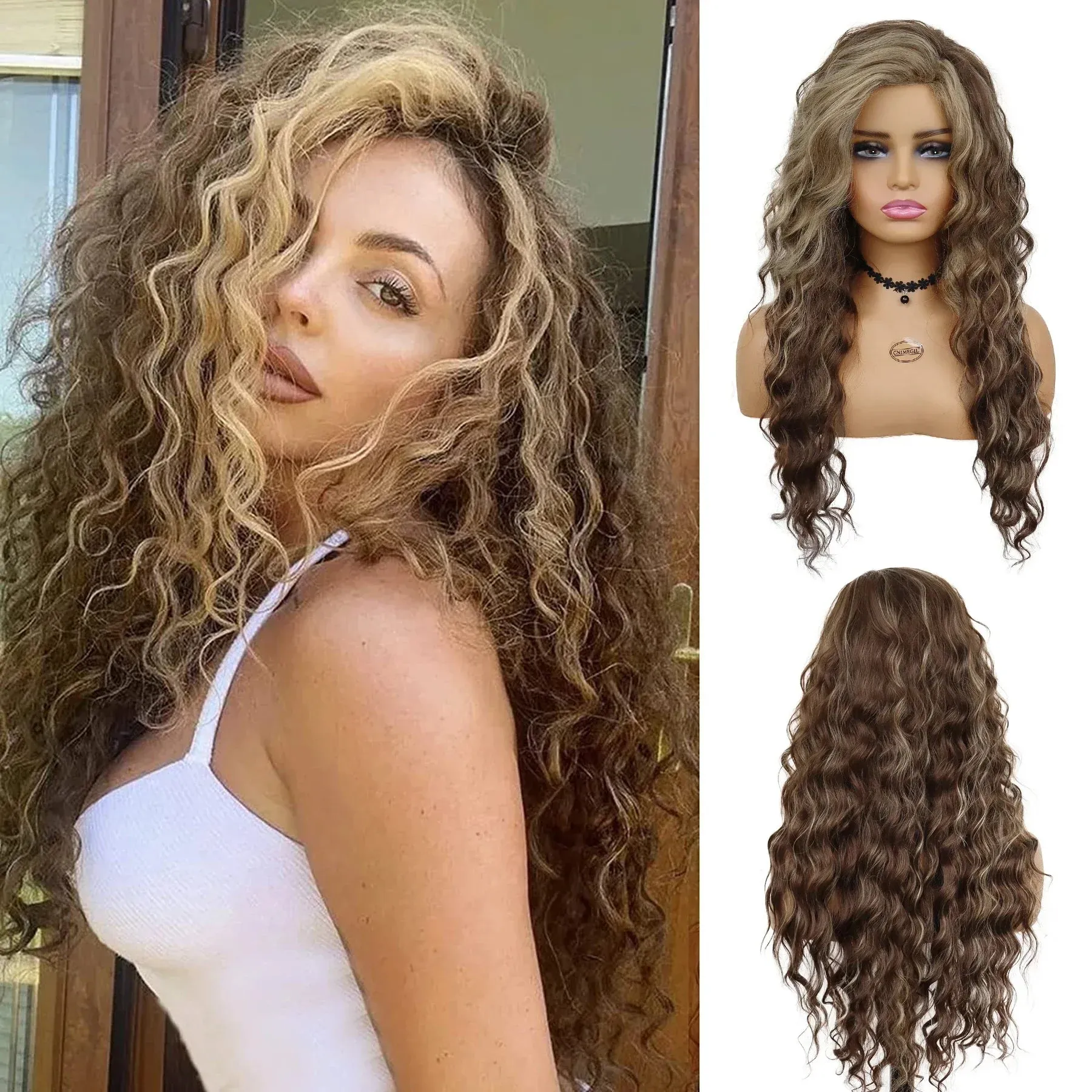 26 inches Long Hair Wigs for Women Synthetic Fiber Curly Brown Mix Blonde Wig Natural Female Halloween Carnival Party