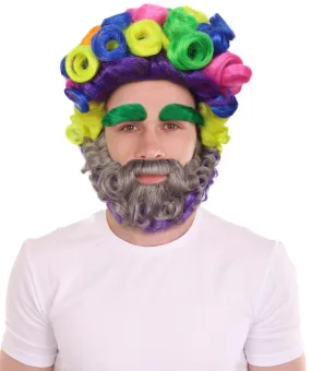 Adult Men's Multicolor Afro Wig With Beard And Mustache Set | Perfect For Halloween | Flame-Retardant Synthetic Fiber