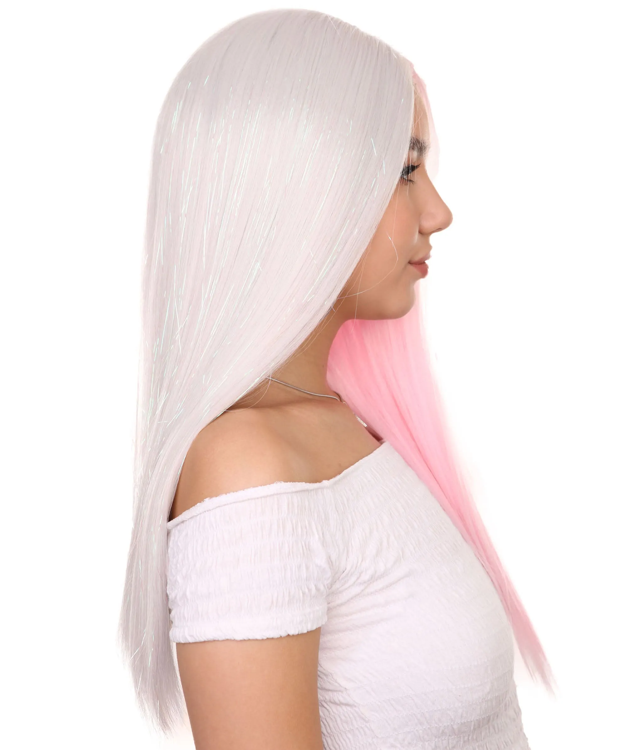 Adult Women's 20" Inch Long Length Straight 4x4 Lace Front Natural 2-Tone Pink White Icon Beauty Wig, 100% Heat Resistant Fibers, Perfect for your Everyday Wear and Styling to your Expectations! | Nunique