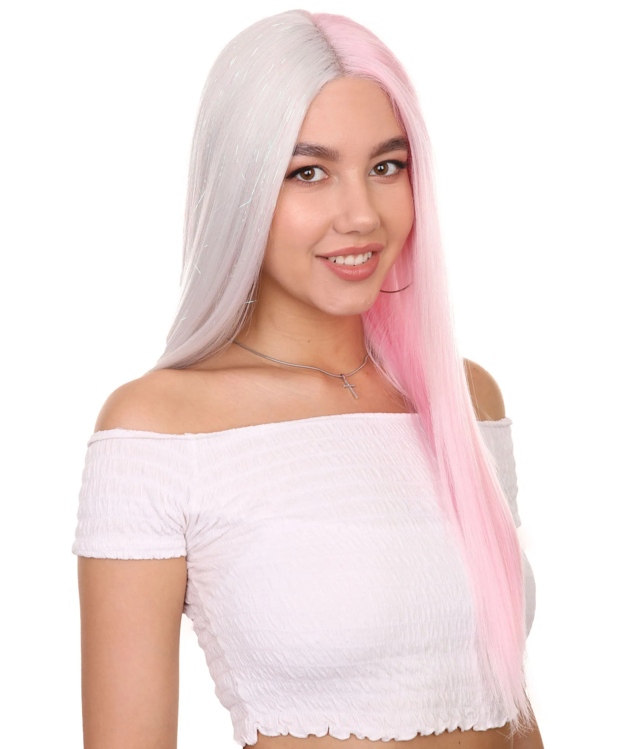 Adult Women's 20" Inch Long Length Straight 4x4 Lace Front Natural 2-Tone Pink White Icon Beauty Wig, 100% Heat Resistant Fibers, Perfect for your Everyday Wear and Styling to your Expectations! | Nunique