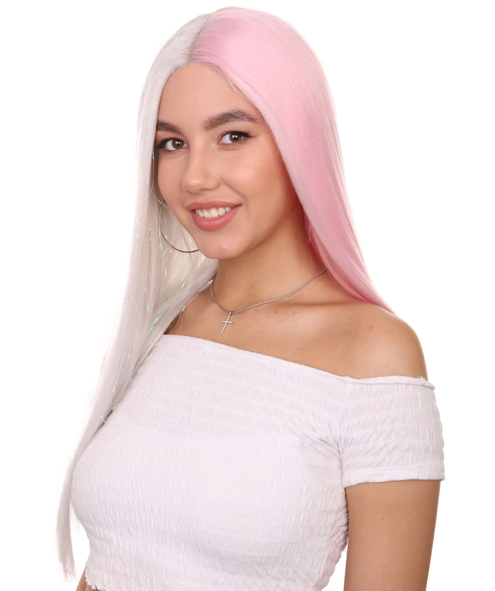 Adult Women's 20" Inch Long Length Straight 4x4 Lace Front Natural 2-Tone Pink White Icon Beauty Wig, 100% Heat Resistant Fibers, Perfect for your Everyday Wear and Styling to your Expectations! | Nunique