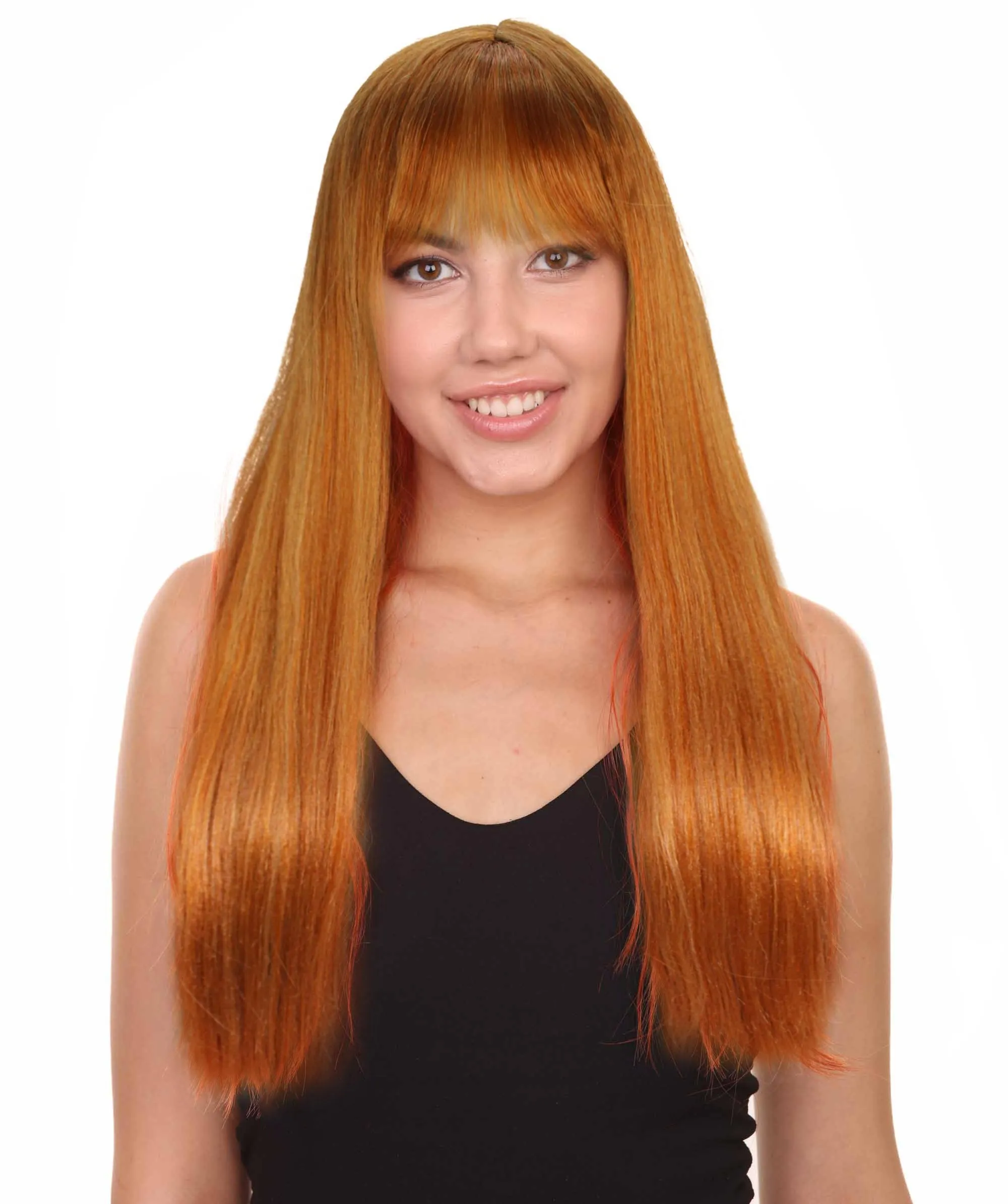 Adult Women’s American Rapper Long Shiny Dark Orange Wig, Best for Halloween, Flame-retardant Synthetic Fiber