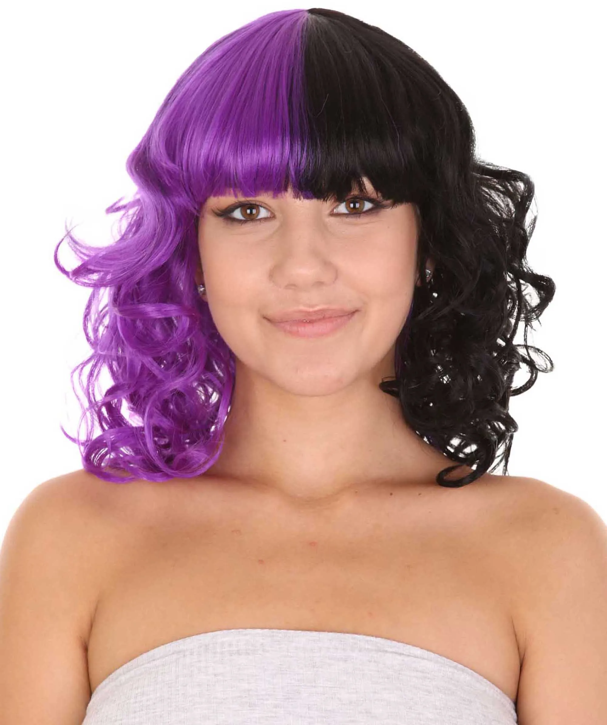 Adult Women's Medium Length Curly Wig Purple & Black | Fancy Event Ready Halloween Wig | Premium Breathable Capless Cap