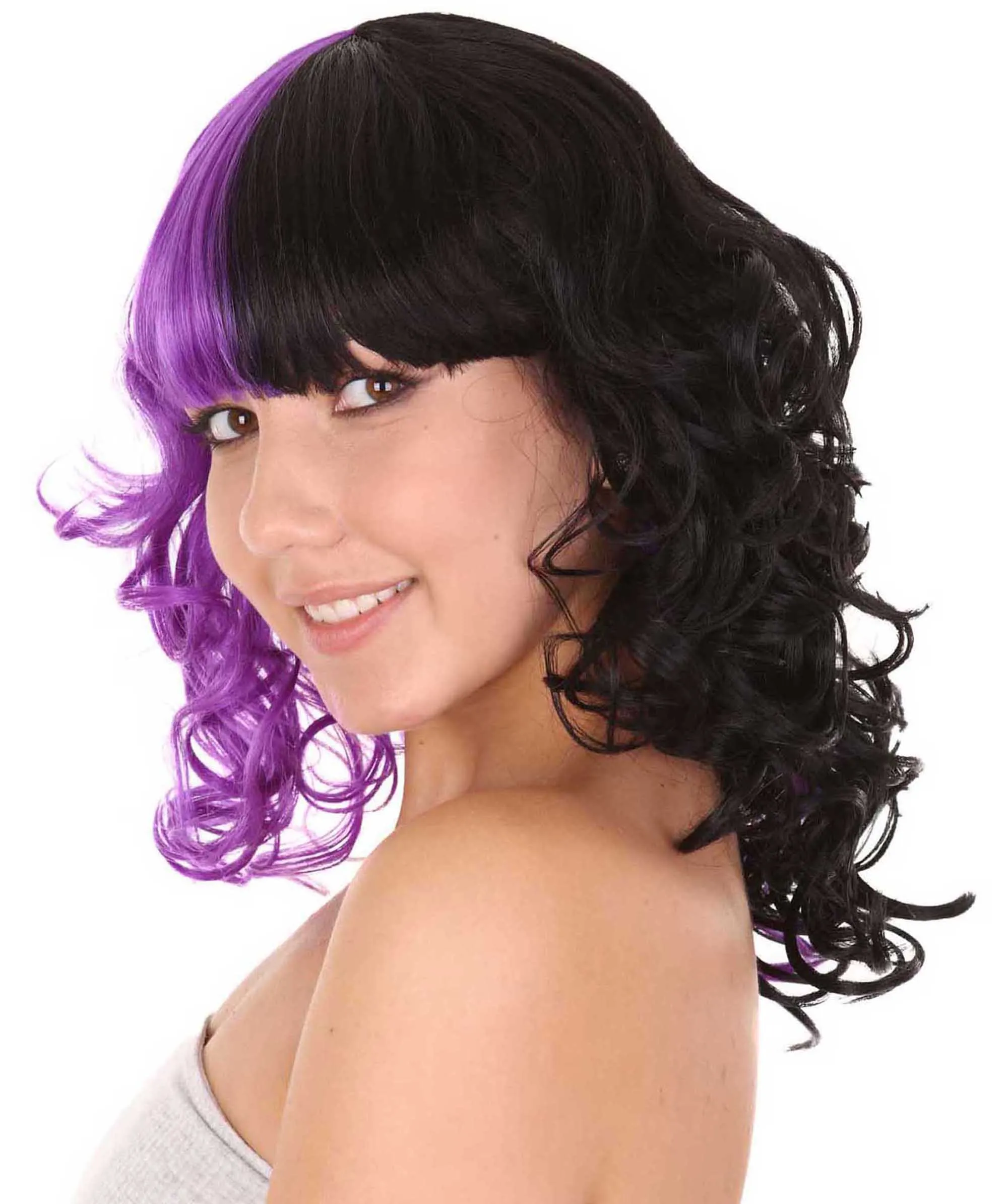 Adult Women's Medium Length Curly Wig Purple & Black | Fancy Event Ready Halloween Wig | Premium Breathable Capless Cap