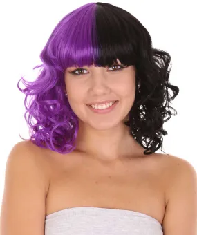 Adult Women's Medium Length Curly Wig Purple & Black | Fancy Event Ready Halloween Wig | Premium Breathable Capless Cap