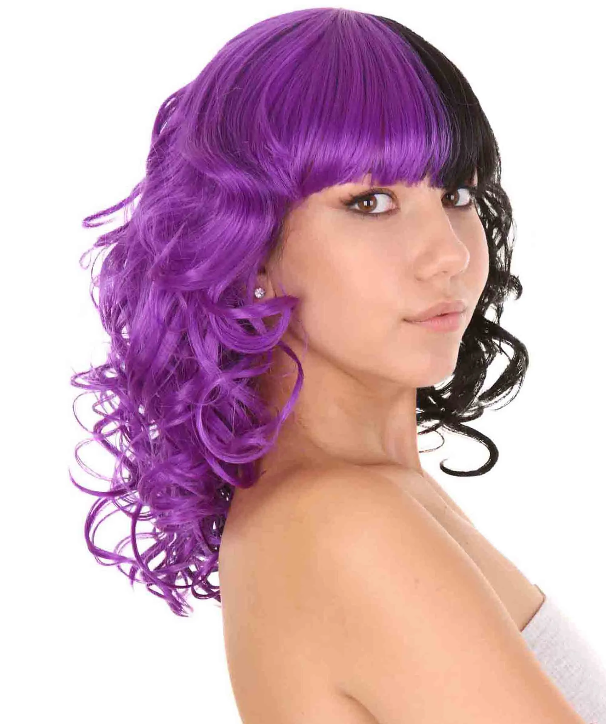 Adult Women's Medium Length Curly Wig Purple & Black | Fancy Event Ready Halloween Wig | Premium Breathable Capless Cap