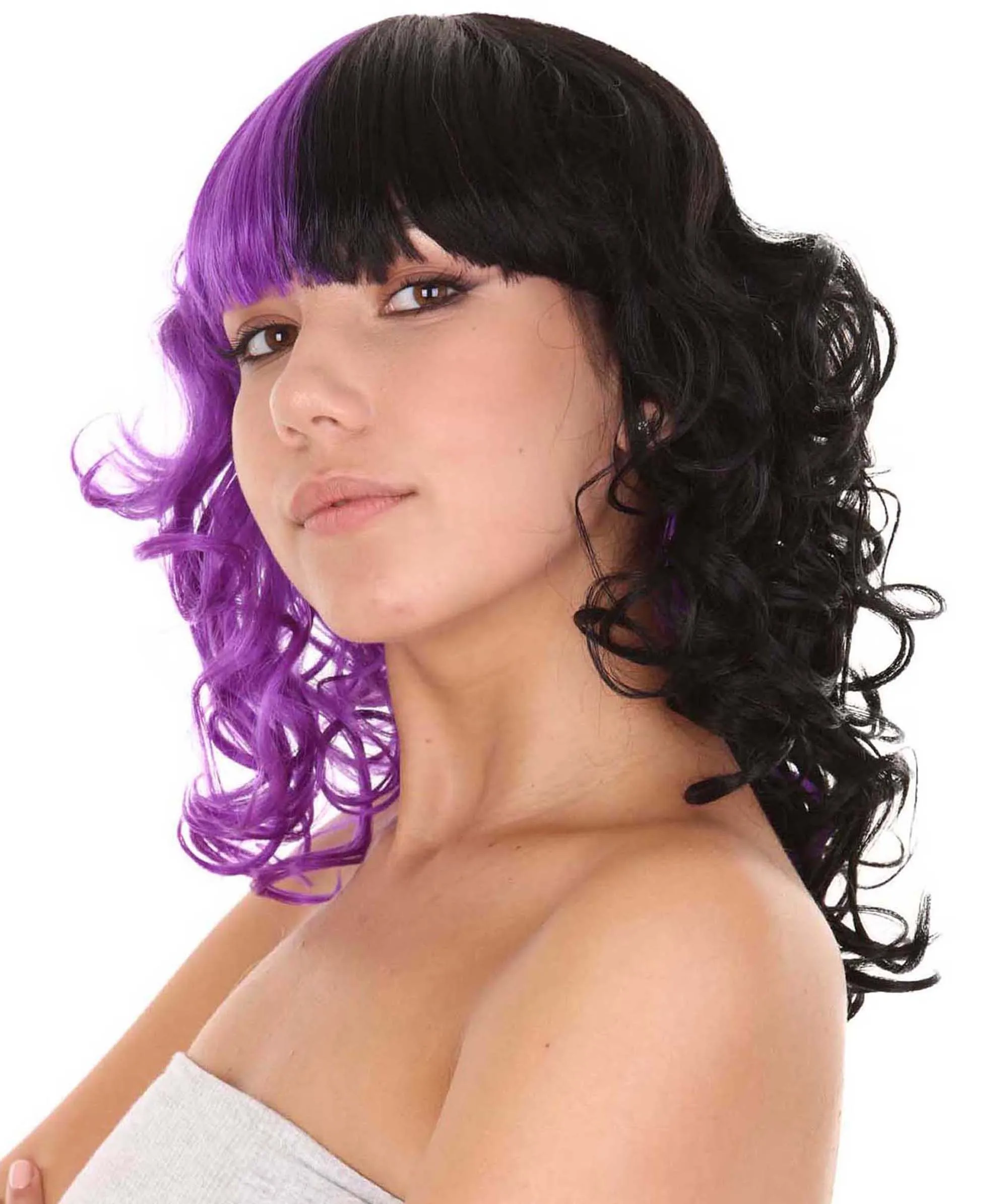 Adult Women's Medium Length Curly Wig Purple & Black | Fancy Event Ready Halloween Wig | Premium Breathable Capless Cap