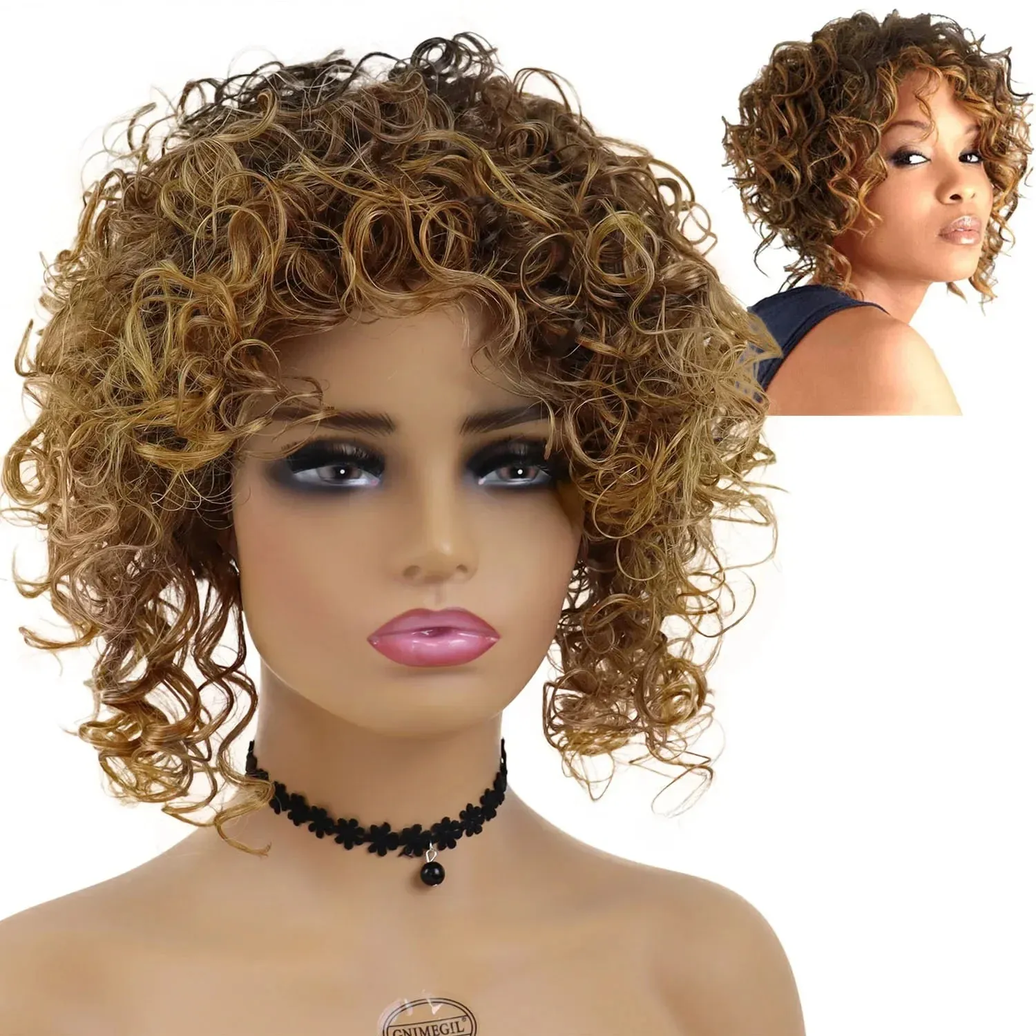 Afro Curly Wigs Short Synthetic Hair Regular Wigs for Black Women High Temperature Fiber High Quality Wigs Highlights