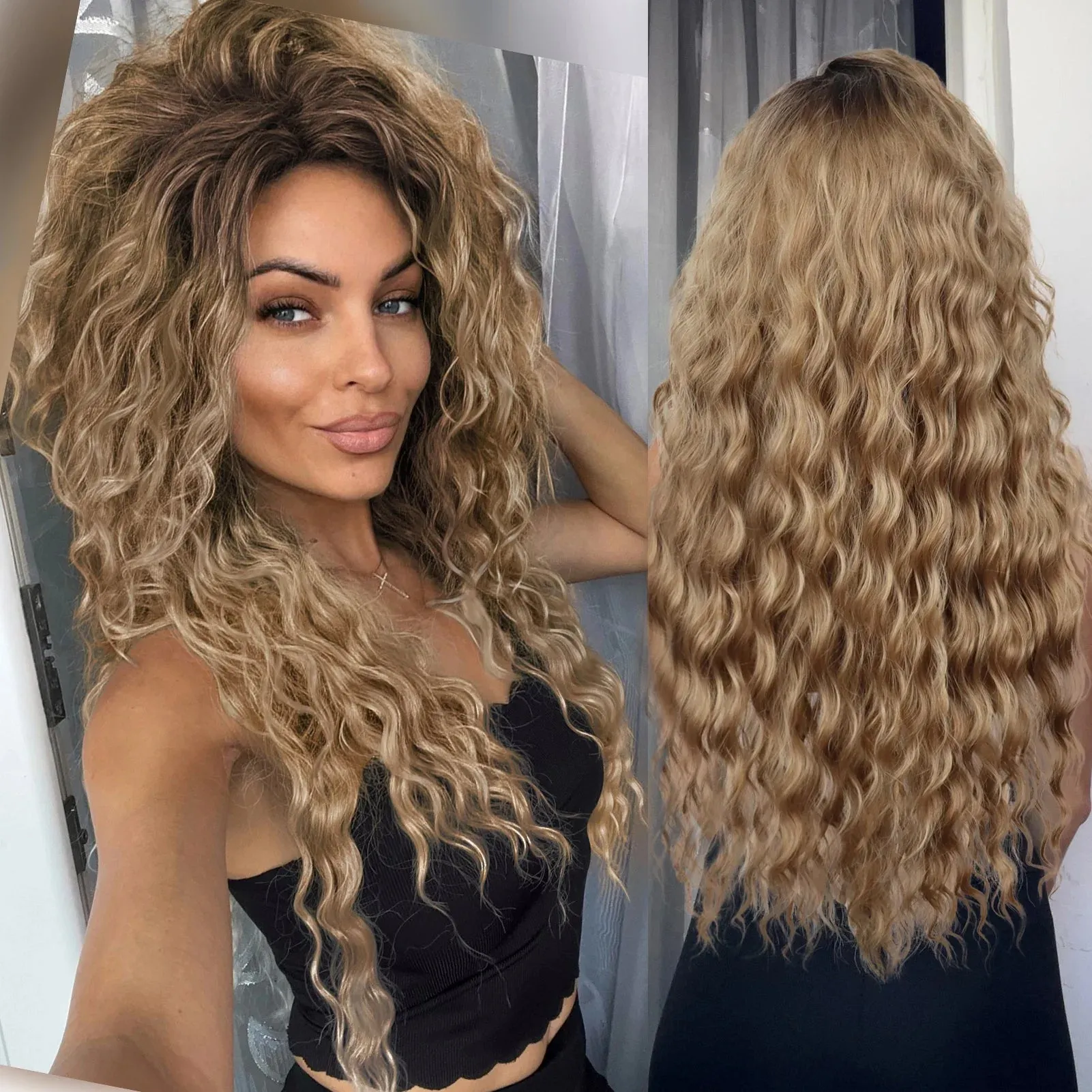 Ash Blonde Wig Synthetic Long Curly Hair Wigs for Women Fluffy Hairstyle Wave Ombre Wig Costume Carnival Party Regular Curly Wig