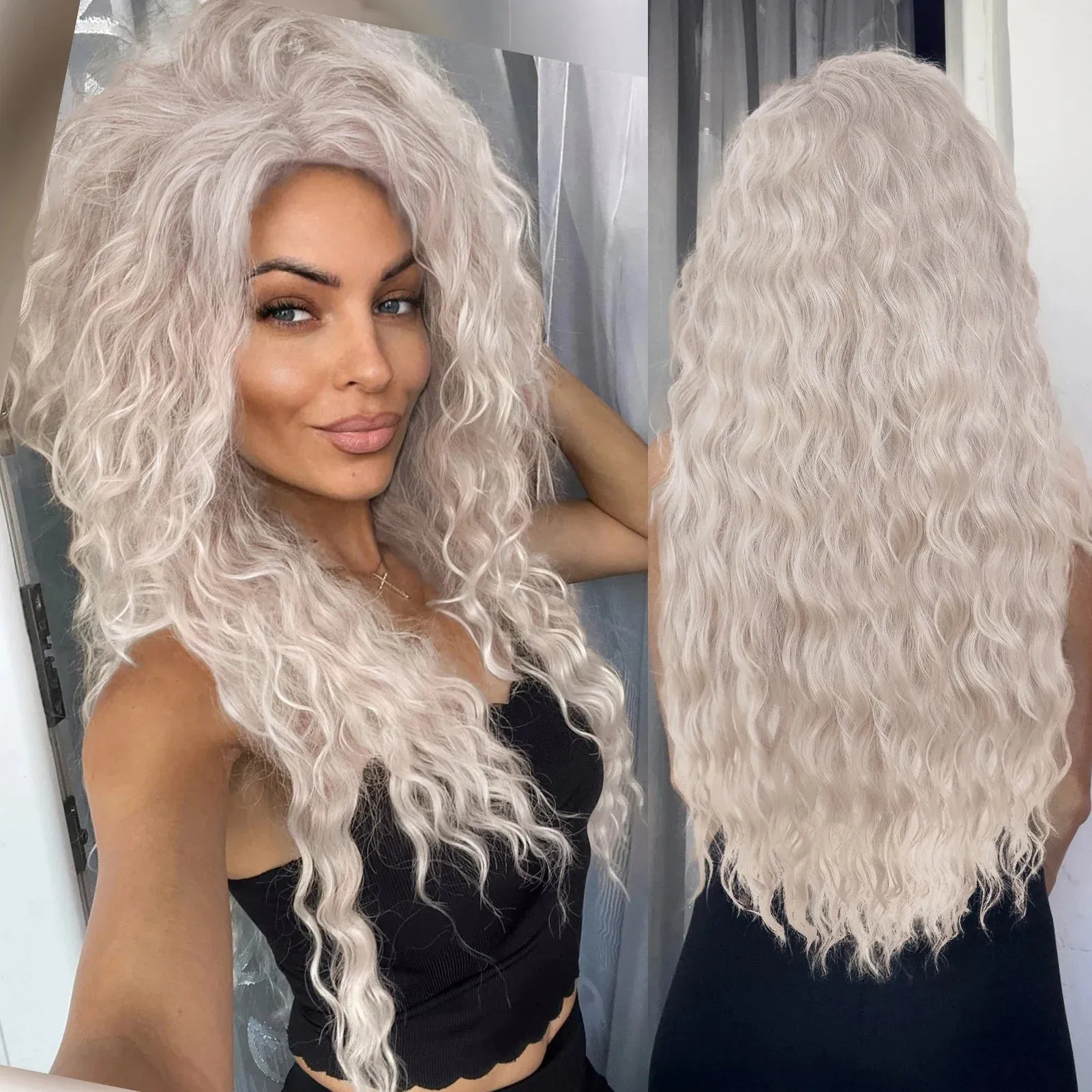 Ash Blonde Wig Synthetic Long Curly Hair Wigs for Women Fluffy Hairstyle Wave Ombre Wig Costume Carnival Party Regular Curly Wig