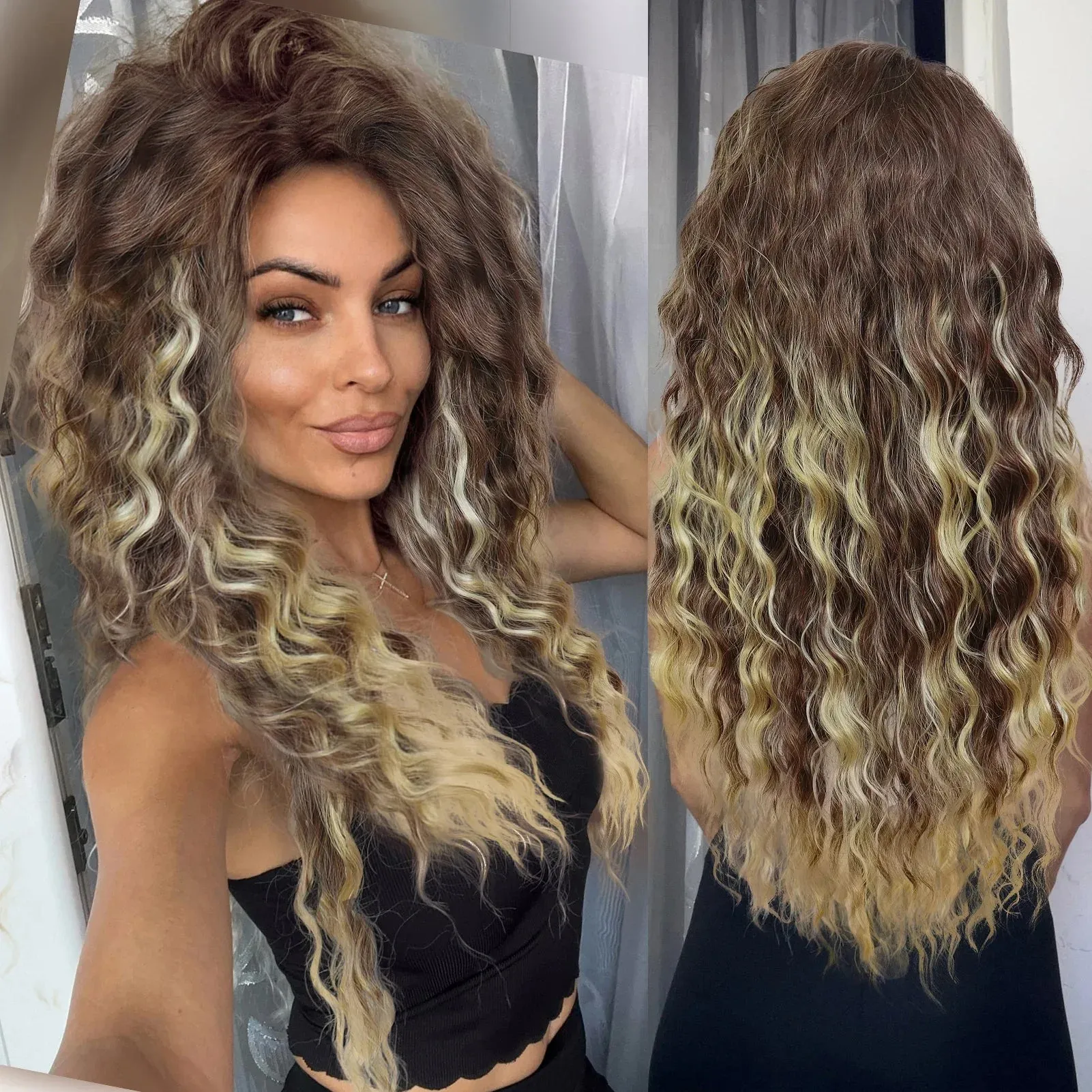 Ash Blonde Wig Synthetic Long Curly Hair Wigs for Women Fluffy Hairstyle Wave Ombre Wig Costume Carnival Party Regular Curly Wig