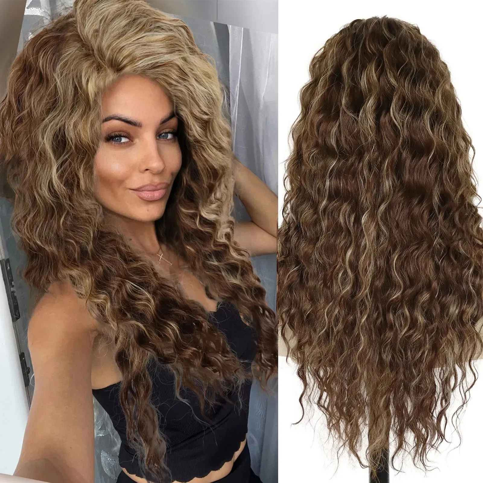 Ash Blonde Wig Synthetic Long Curly Hair Wigs for Women Fluffy Hairstyle Wave Ombre Wig Costume Carnival Party Regular Curly Wig