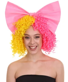 Australian Singer Curly Womens Wig with Pink Bow | Thursday Multi Color Celebrity Wigs | Premium Breathable Capless Cap