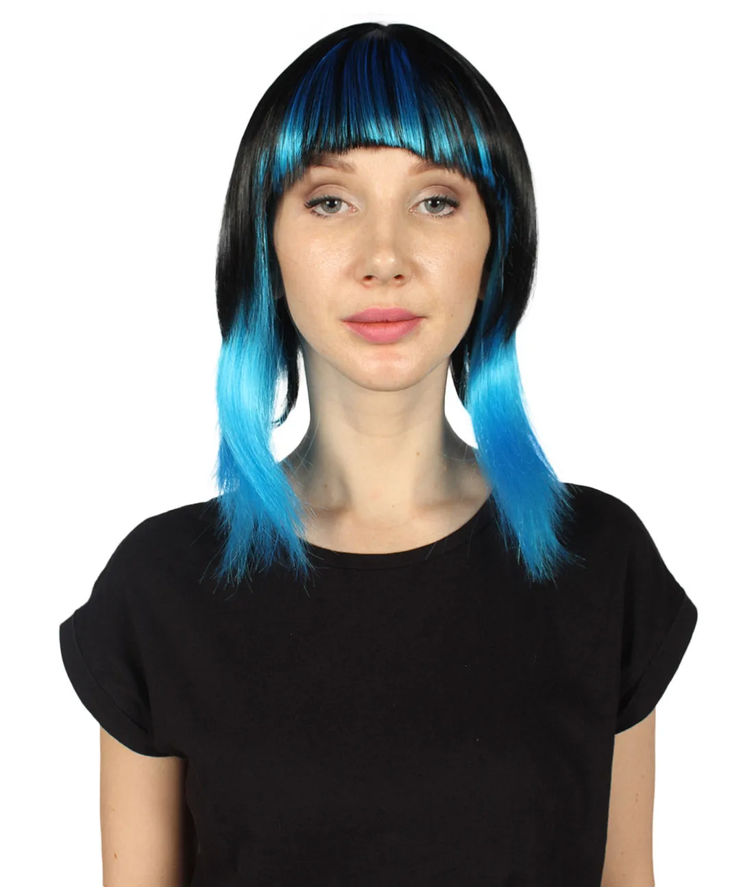 Disco Diva Two-Tune Womens Wig | Black Sky Blue Party Event Ready Cosplay Halloween Wig | Premium Breathable Capless Cap