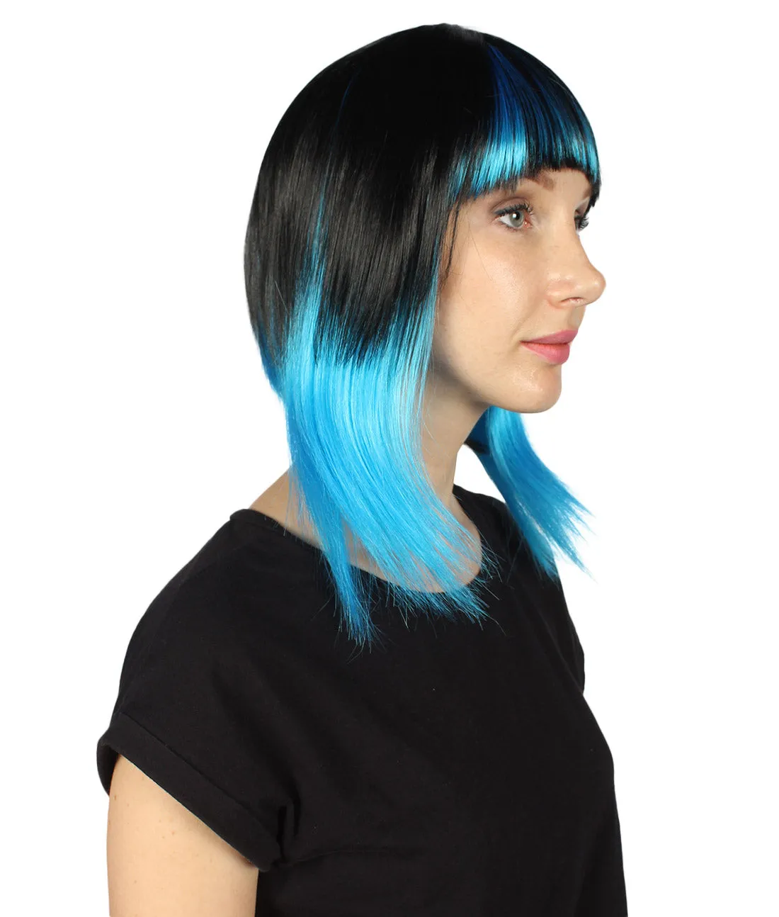 Disco Diva Two-Tune Womens Wig | Black Sky Blue Party Event Ready Cosplay Halloween Wig | Premium Breathable Capless Cap