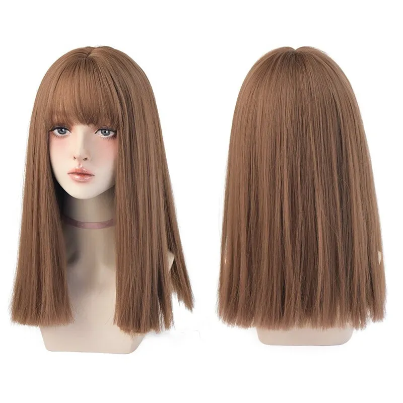 Heat Resistant Synthetic Straight Long Hair Wigs with Bangs