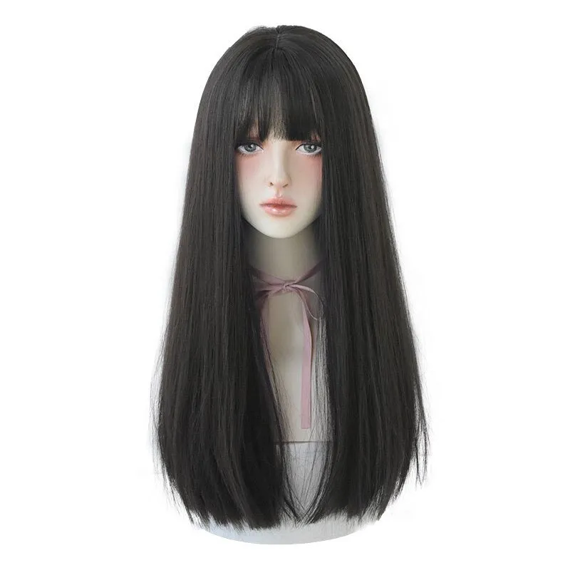 Heat Resistant Synthetic Straight Long Hair Wigs with Bangs