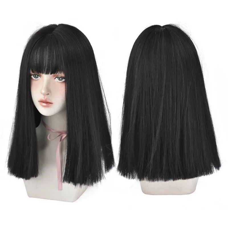 Heat Resistant Synthetic Straight Long Hair Wigs with Bangs