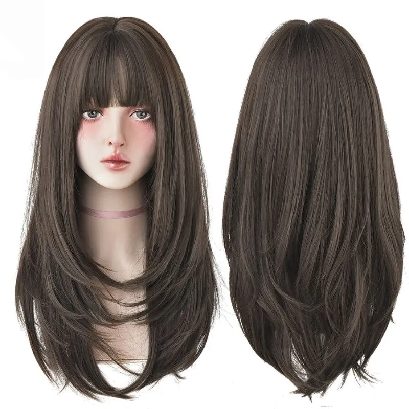 Heat Resistant Synthetic Straight Long Hair Wigs with Bangs