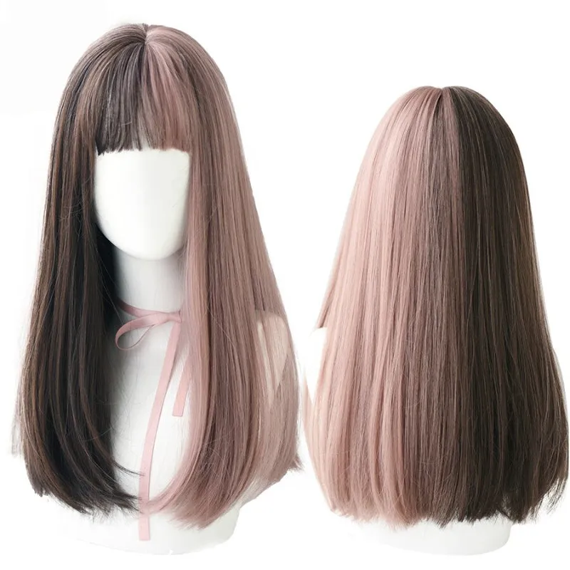 Heat Resistant Synthetic Straight Long Hair Wigs with Bangs