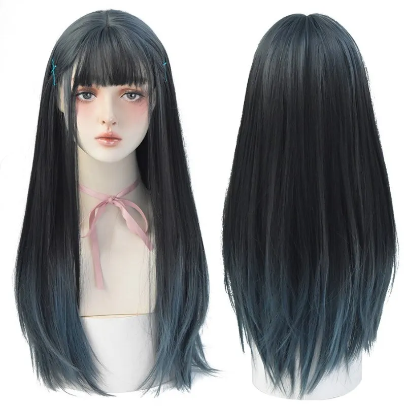 Heat Resistant Synthetic Straight Long Hair Wigs with Bangs