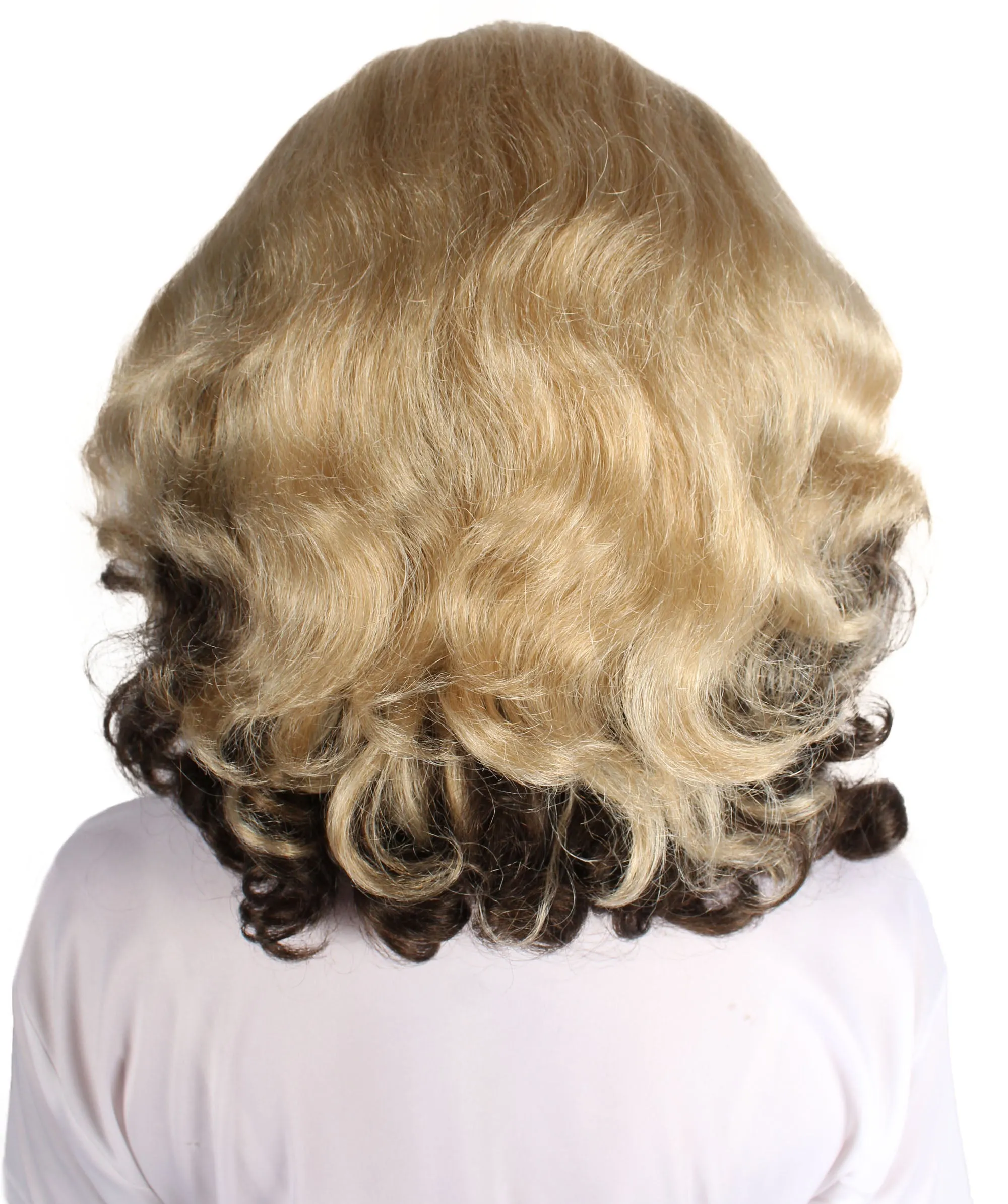 HPO Adult Women's American Actress Wig |  Black and Blonde Color with Blue Bow  | Perfect for Halloween | Flame-retardant Synthetic Fiber