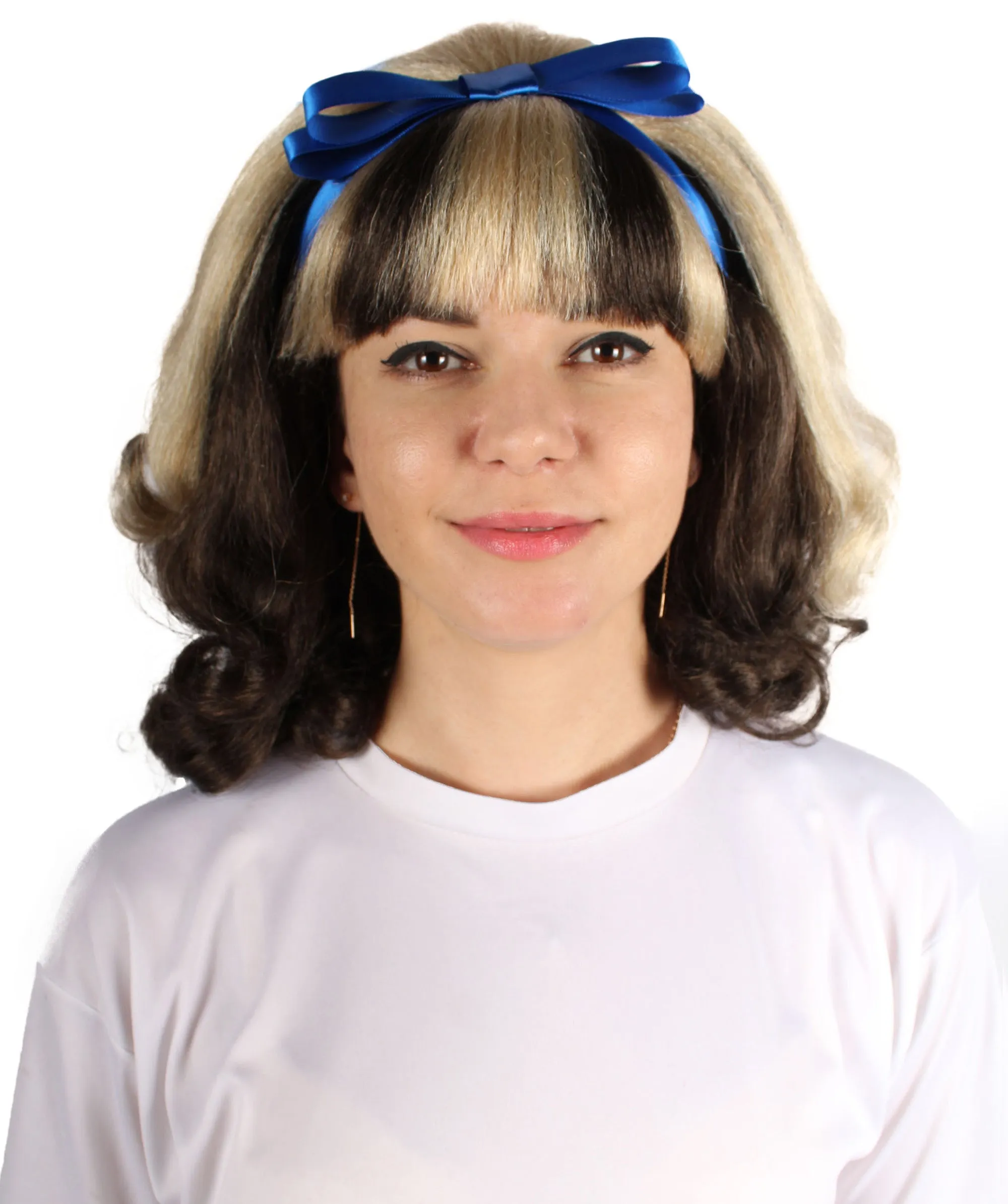 HPO Adult Women's American Actress Wig |  Black and Blonde Color with Blue Bow  | Perfect for Halloween | Flame-retardant Synthetic Fiber