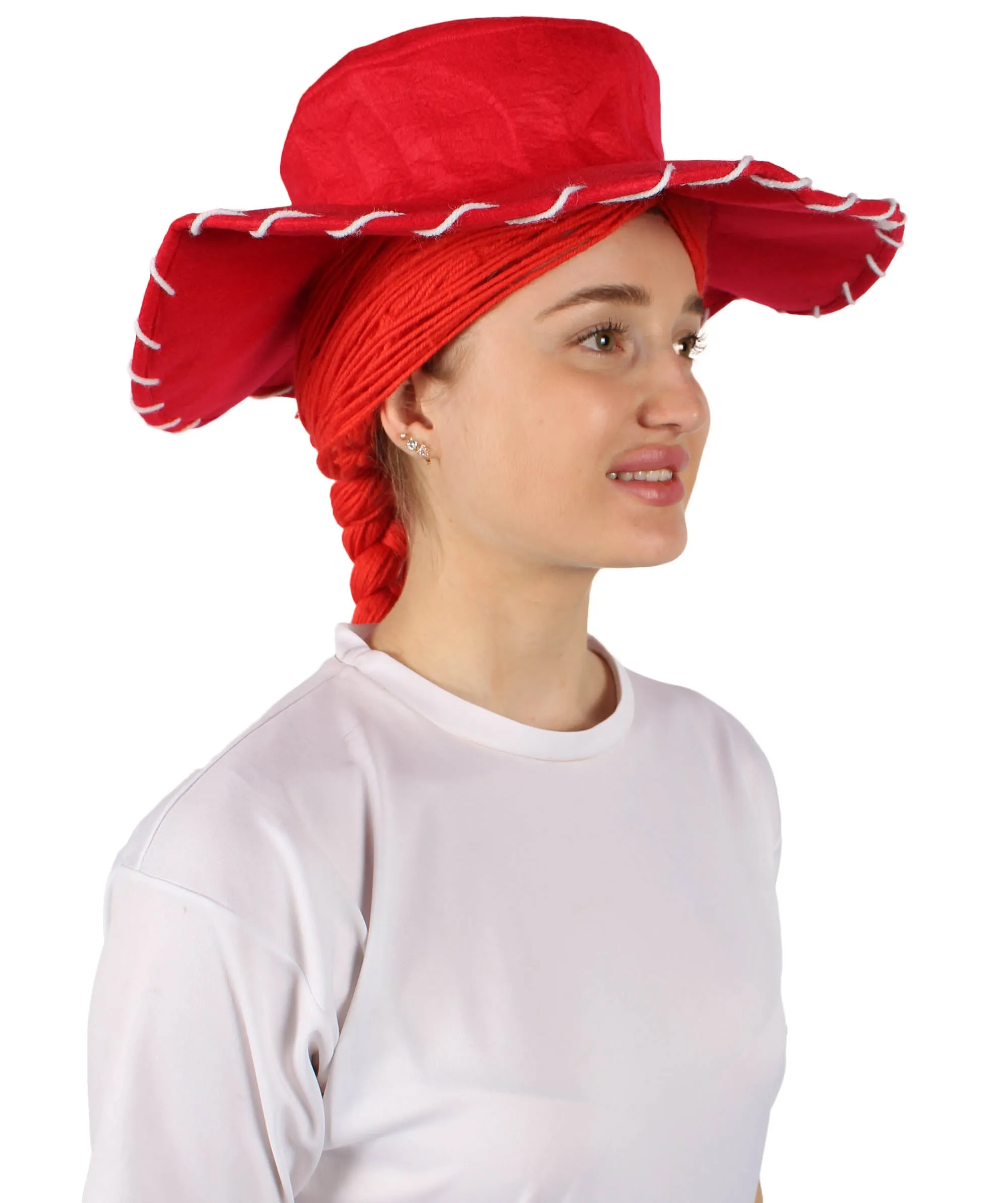 HPO Adult Women's Cowgirl Yarn-Braided Wig with Felt Hat