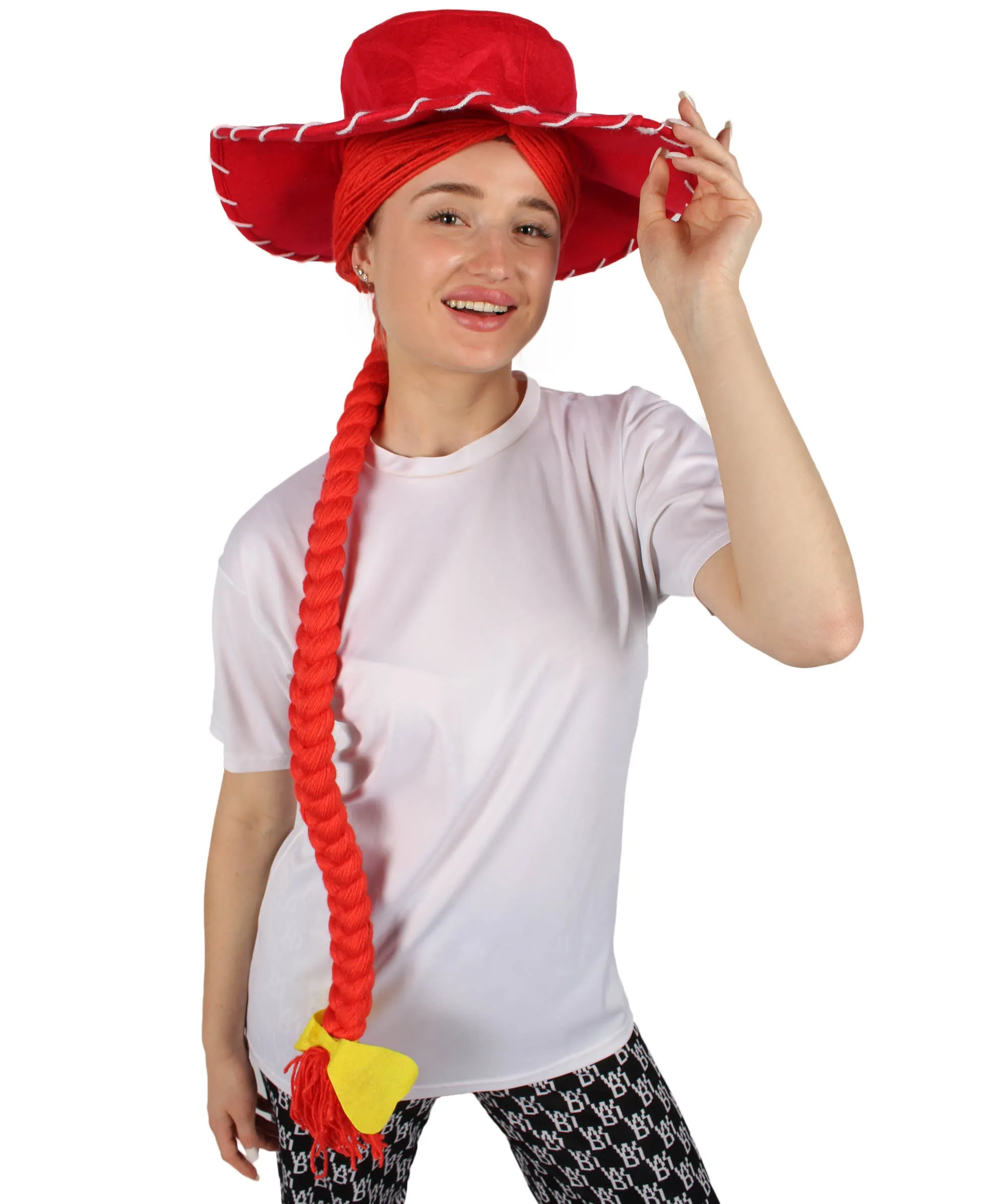 HPO Adult Women's Cowgirl Yarn-Braided Wig with Felt Hat