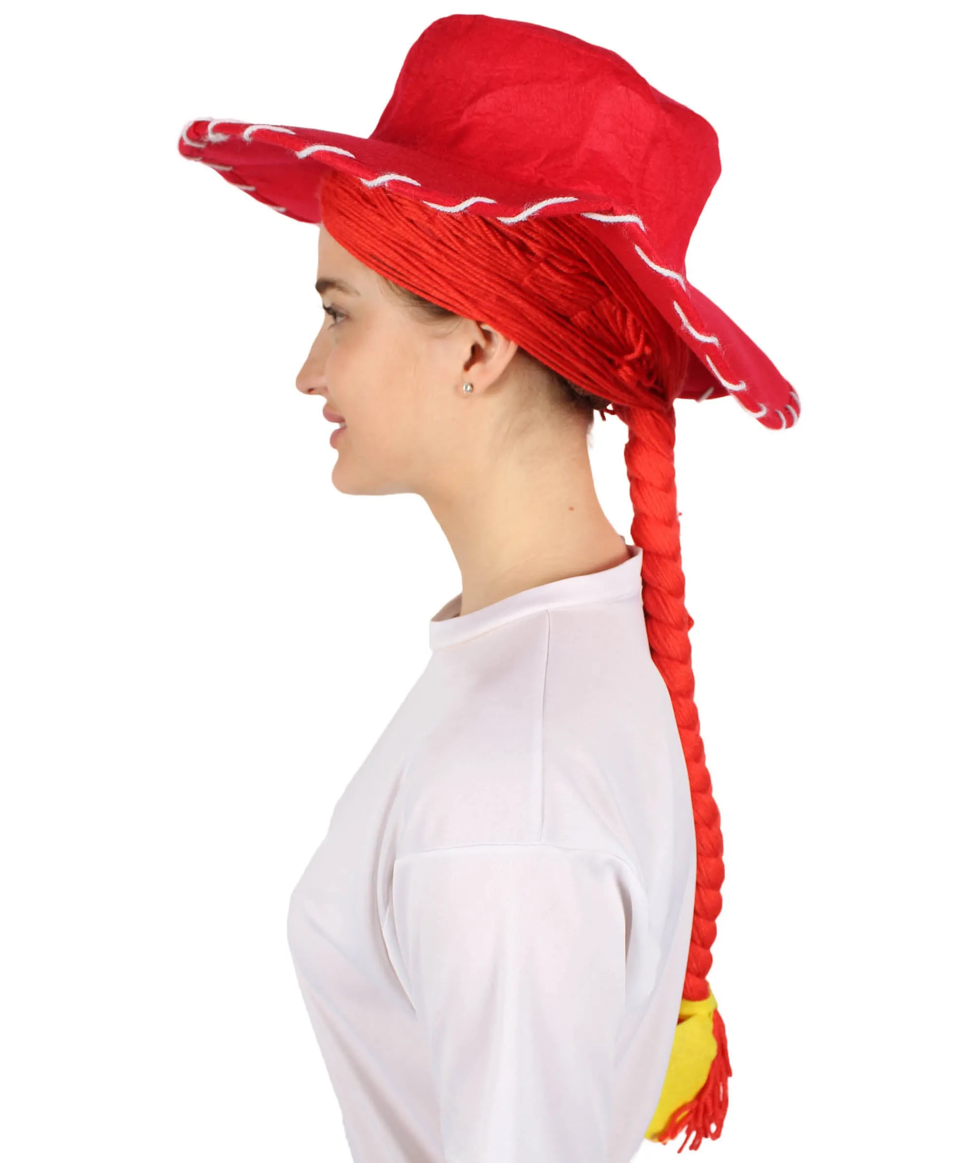 HPO Adult Women's Cowgirl Yarn-Braided Wig with Felt Hat