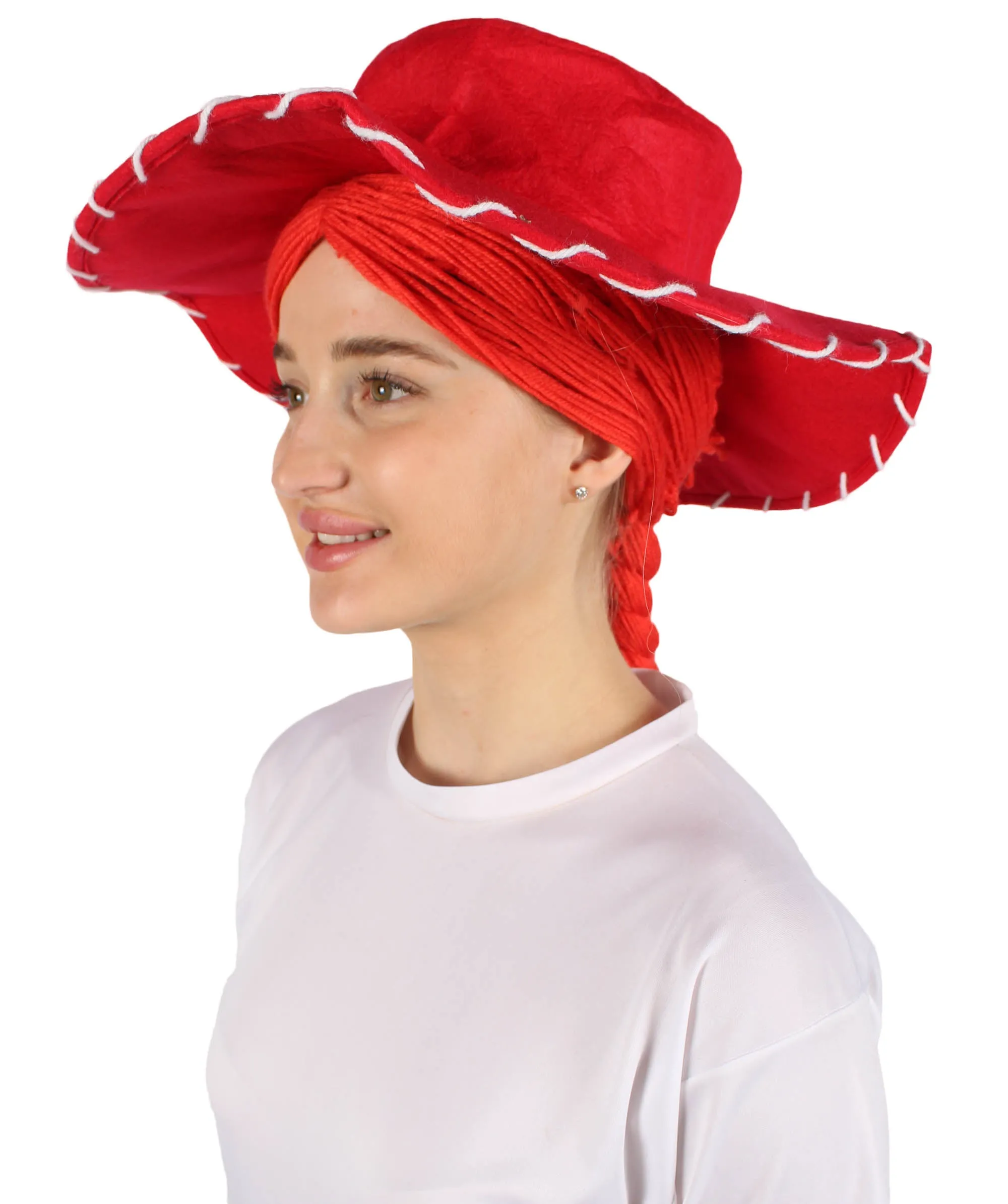 HPO Adult Women's Cowgirl Yarn-Braided Wig with Felt Hat