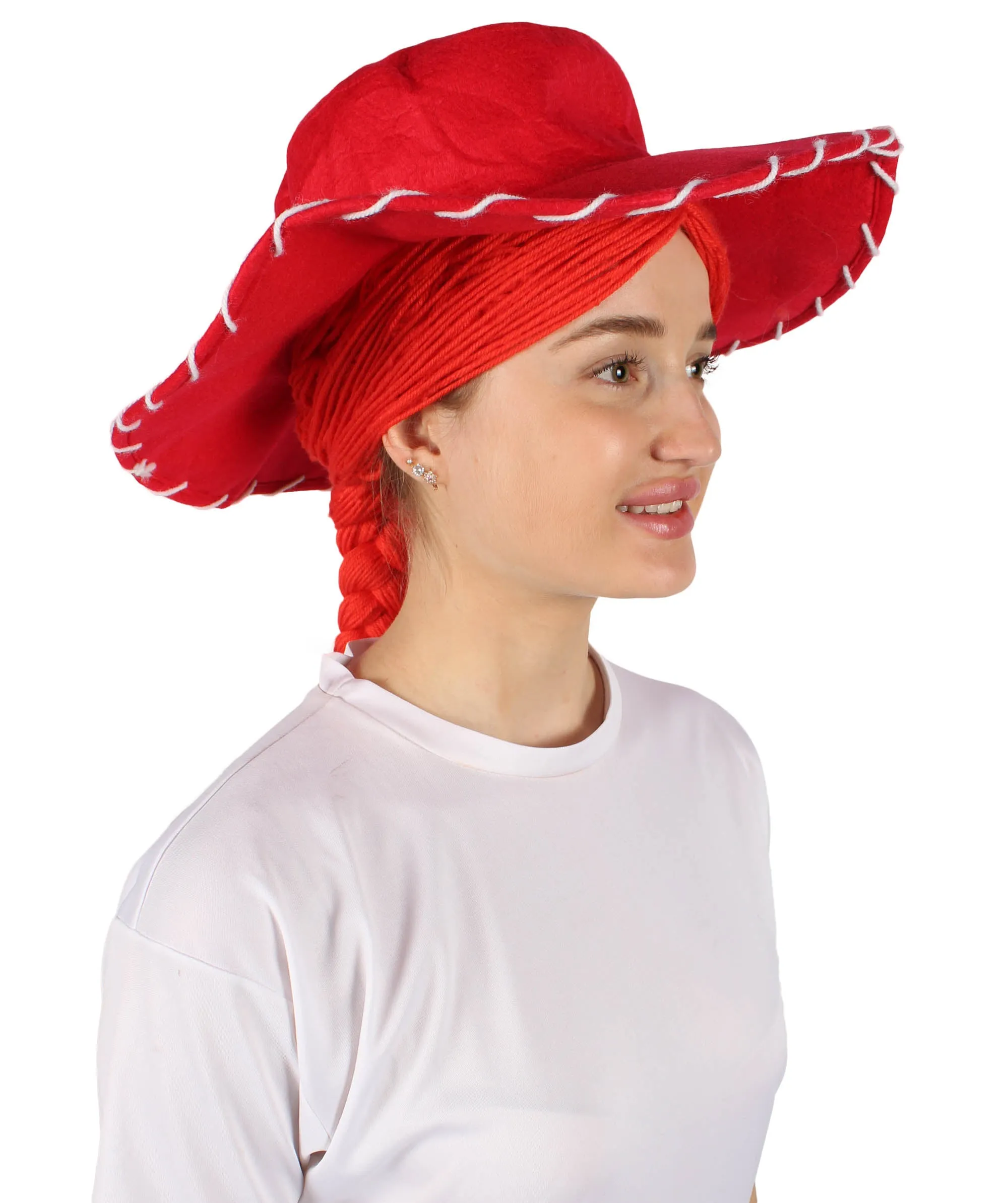 HPO Adult Women's Cowgirl Yarn-Braided Wig with Felt Hat