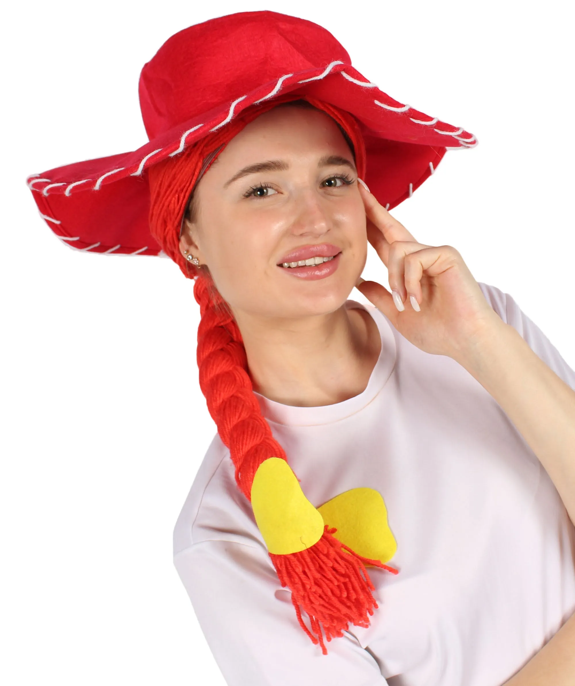 HPO Adult Women's Cowgirl Yarn-Braided Wig with Felt Hat