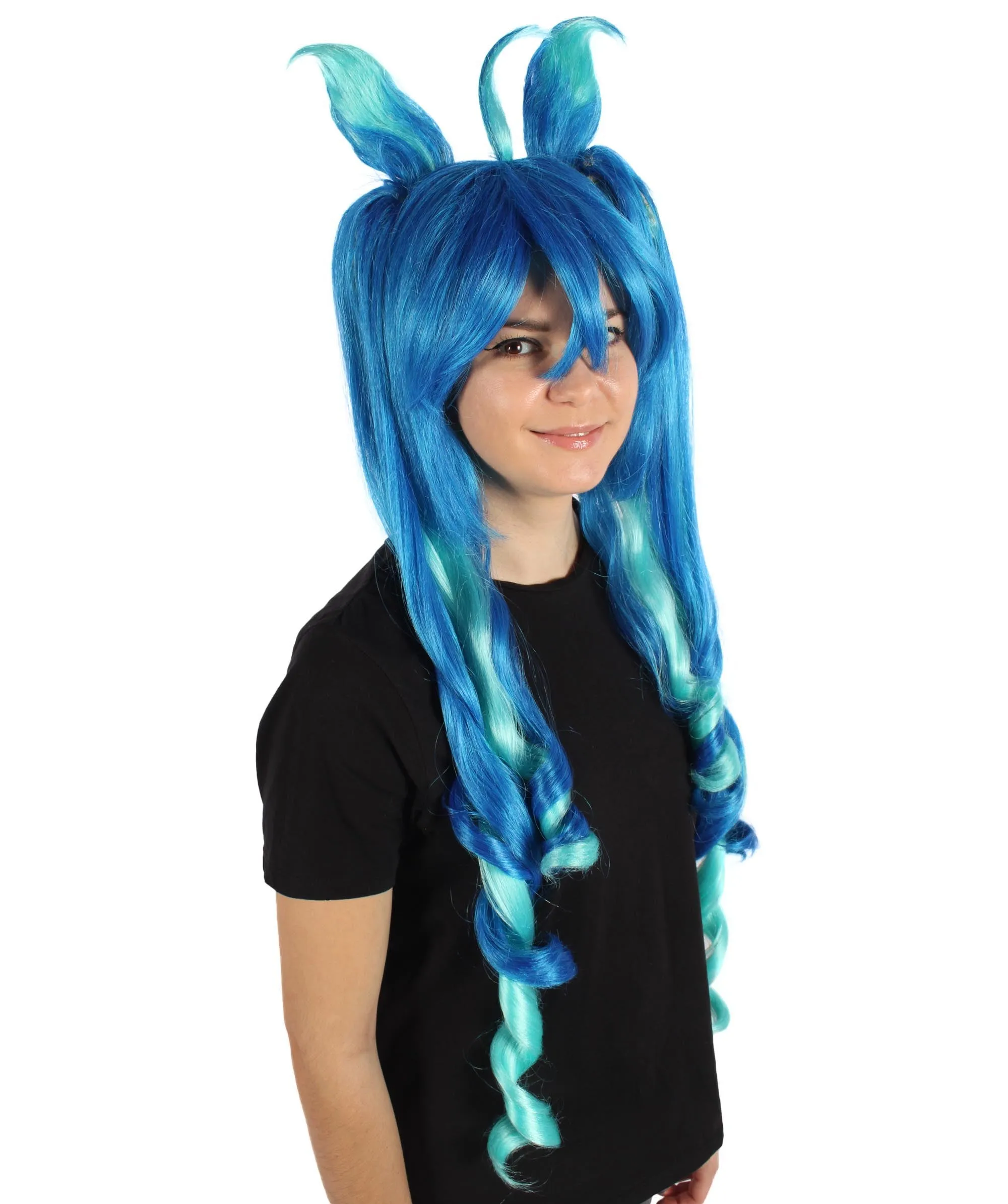 HPO Adult Women's Dark Blue Turbo Game Extra Long Wig| Perfect for Halloween| Flame-retardant Synthetic Fiber