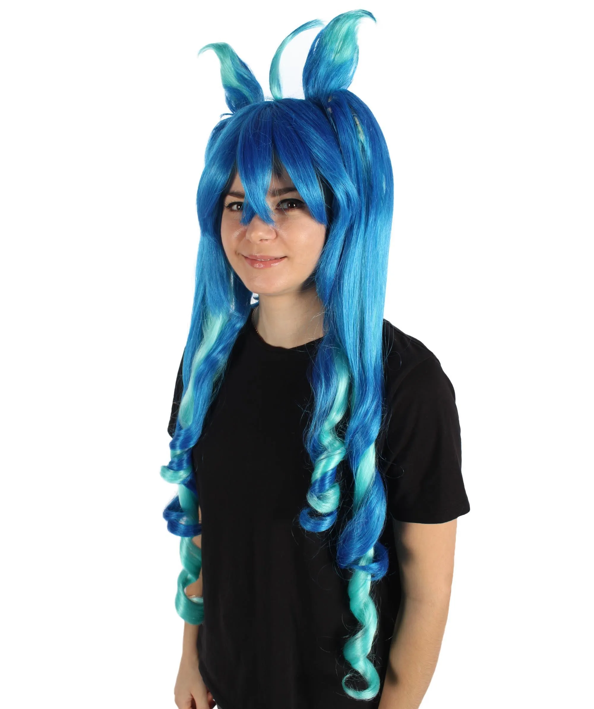 HPO Adult Women's Dark Blue Turbo Game Extra Long Wig| Perfect for Halloween| Flame-retardant Synthetic Fiber