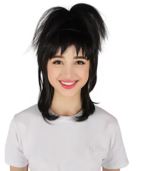 HPO Adult Women’s Gothic Bride Medium Black Wig with Bangs, Perfect for Halloween, Flame-retardant Synthetic Fiber