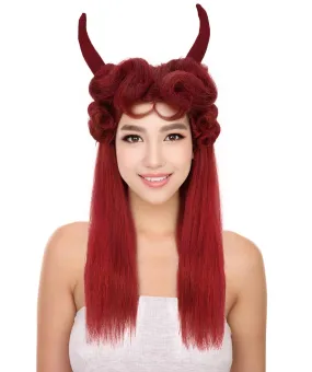 HPO Adult Women's Long Red Devil Horn Wig I Cosplay Wig I Flame-retardant Synthetic Fiber