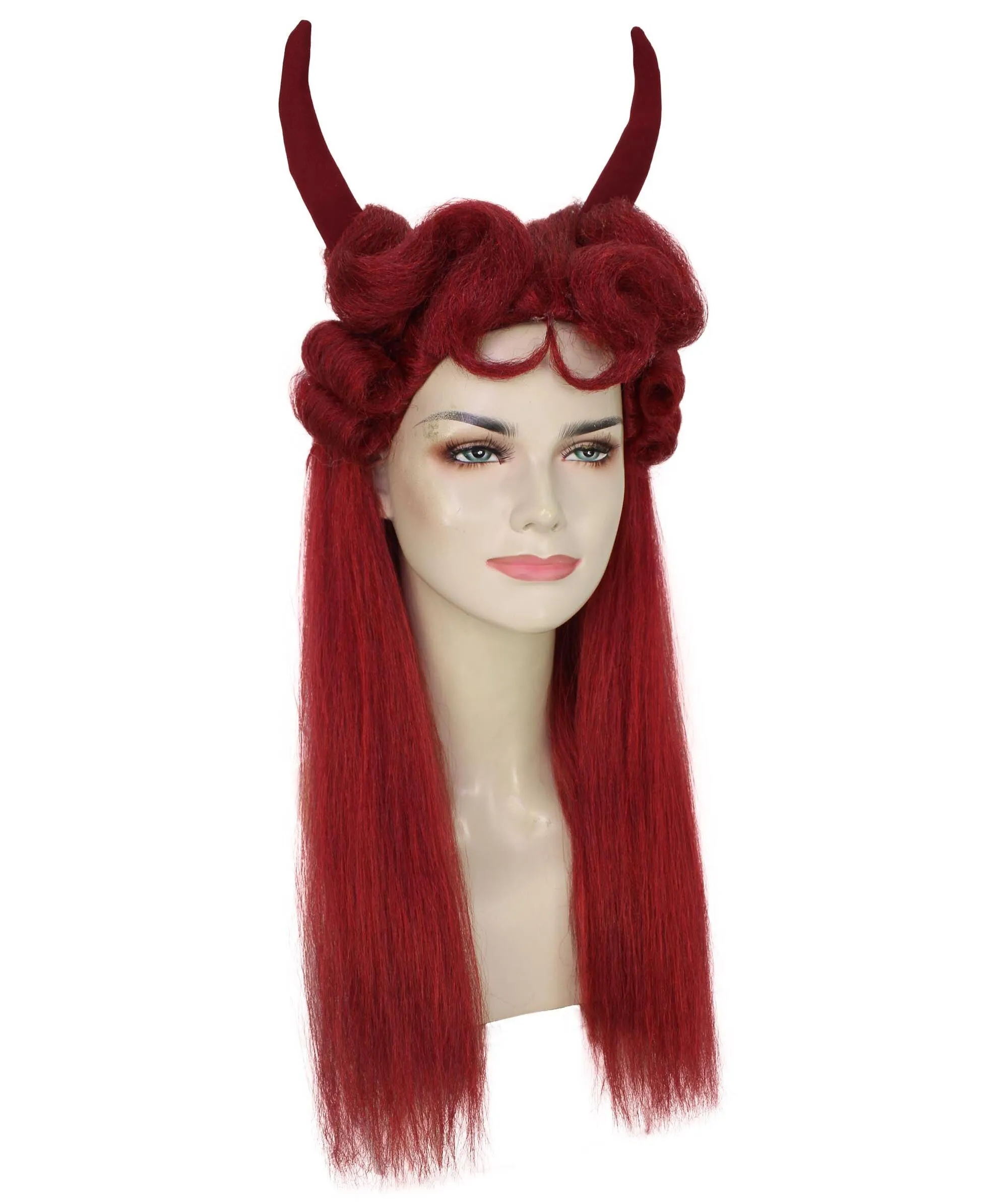 HPO Adult Women's Long Red Devil Horn Wig I Cosplay Wig I Flame-retardant Synthetic Fiber