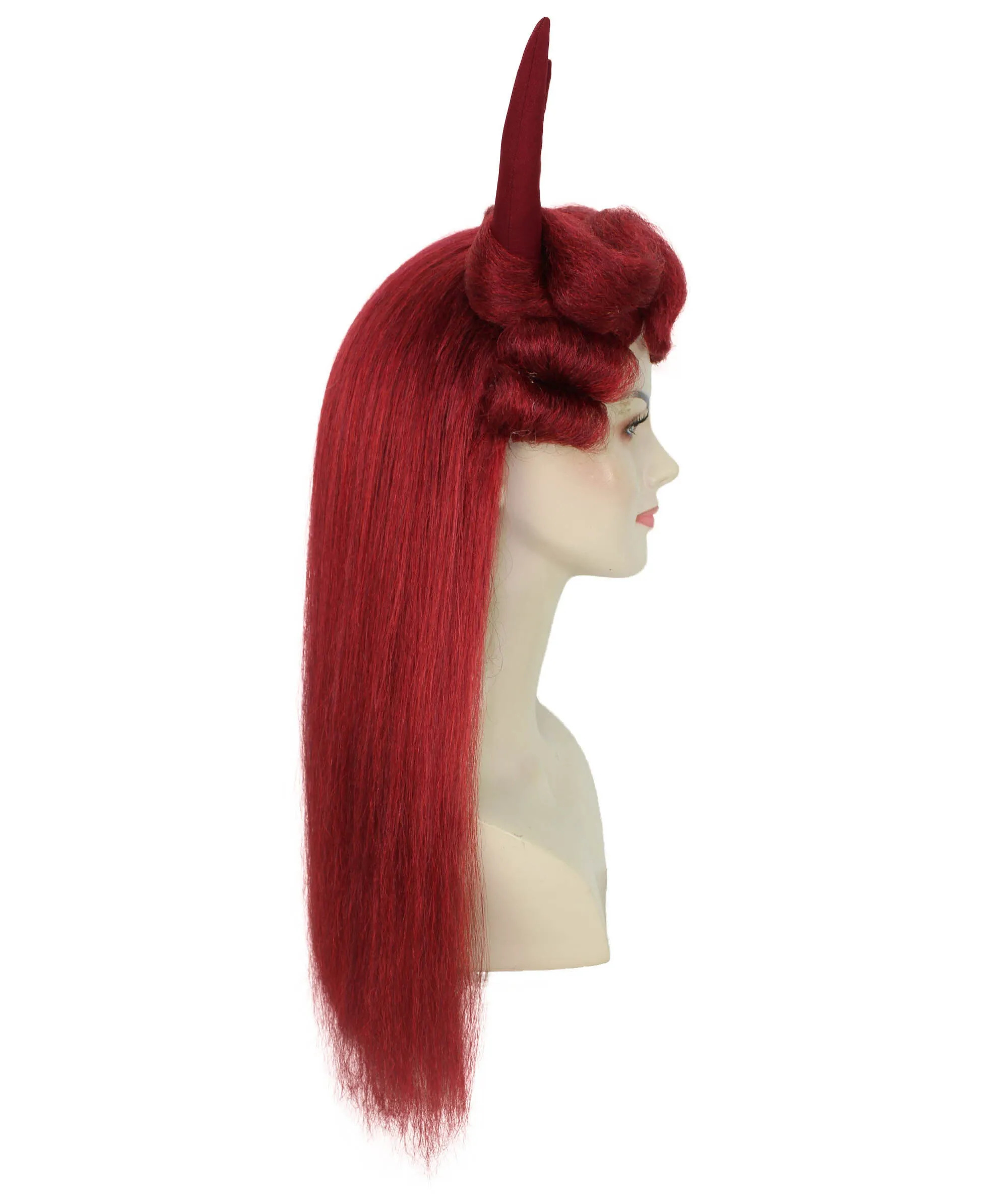 HPO Adult Women's Long Red Devil Horn Wig I Cosplay Wig I Flame-retardant Synthetic Fiber