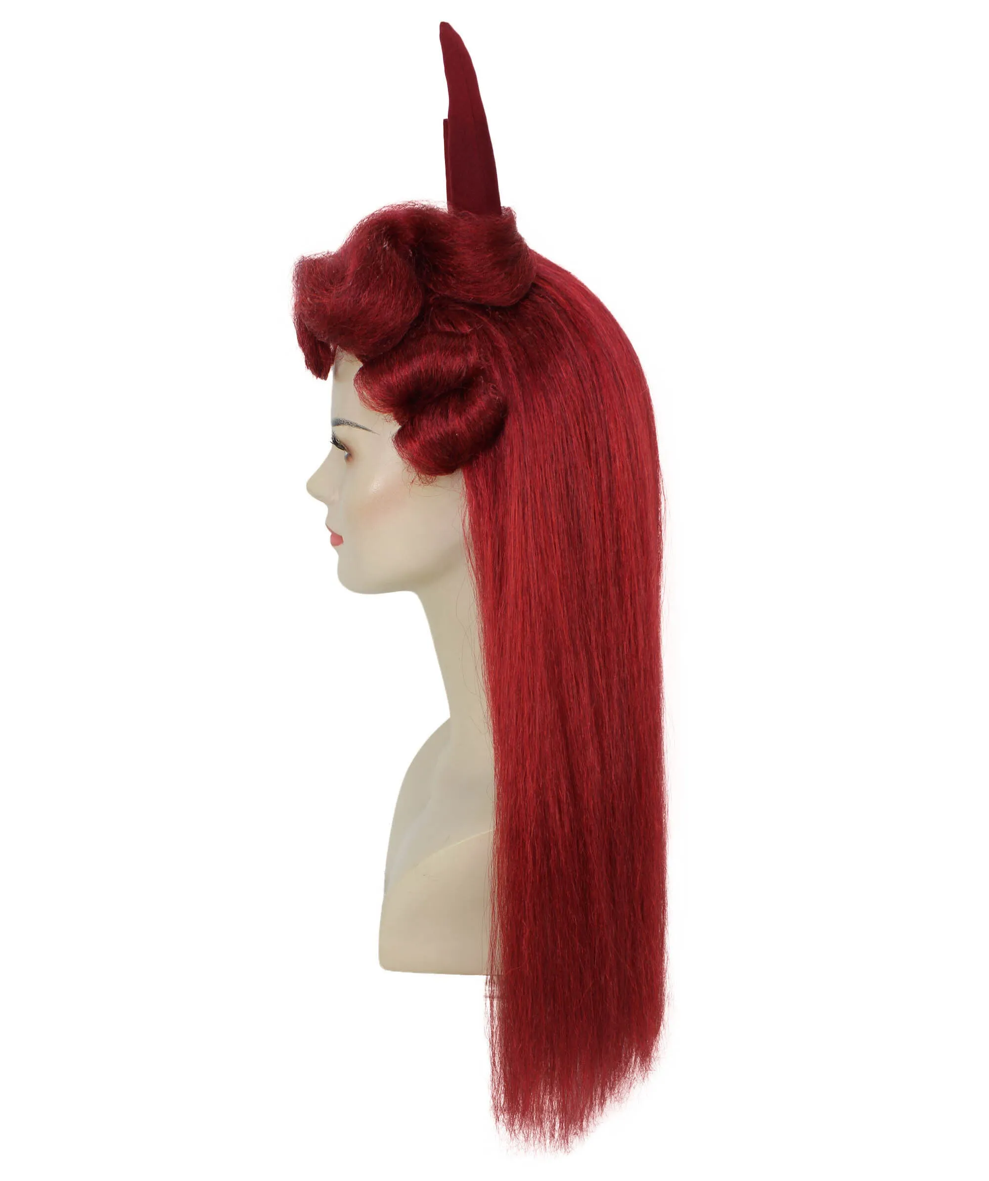 HPO Adult Women's Long Red Devil Horn Wig I Cosplay Wig I Flame-retardant Synthetic Fiber