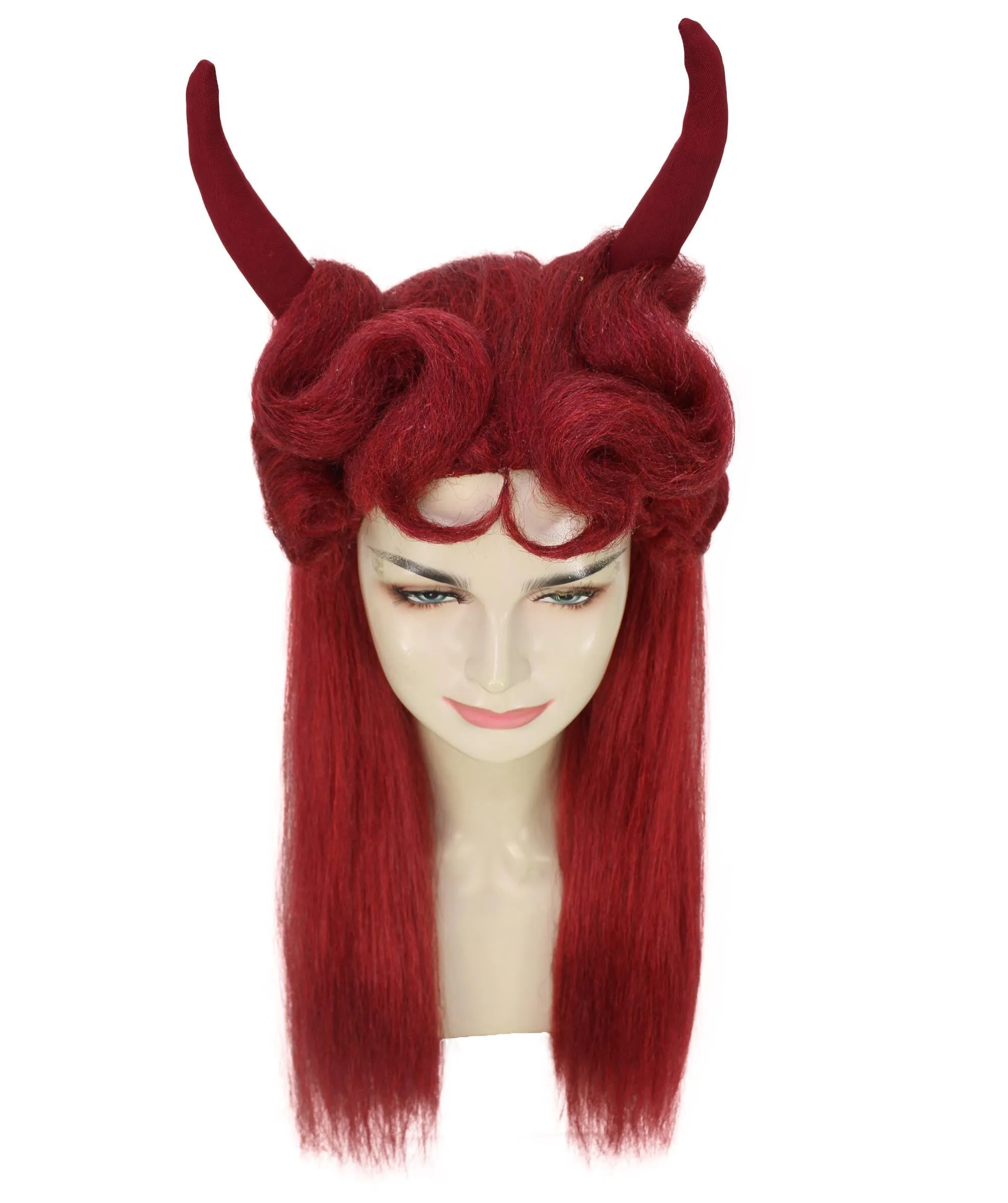 HPO Adult Women's Long Red Devil Horn Wig I Cosplay Wig I Flame-retardant Synthetic Fiber