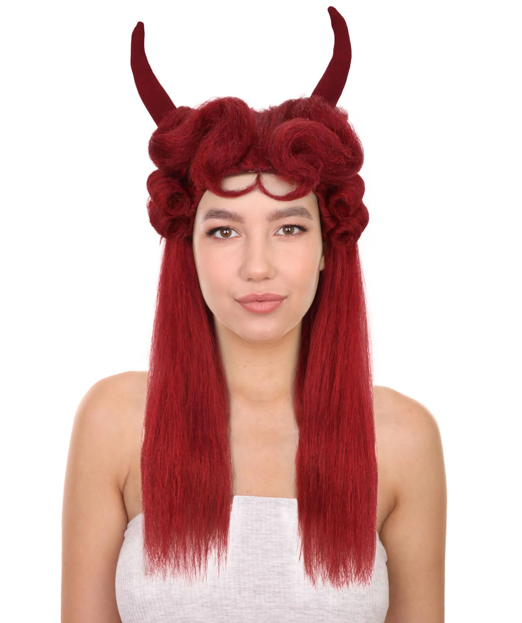 HPO Adult Women's Long Red Devil Horn Wig I Cosplay Wig I Flame-retardant Synthetic Fiber