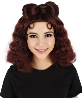 HPO Adult Women's Warm Brunette Hair Bow Wig with Vintage Waves I Perfect for Cosplay I Flame-retardant Synthetic Fiber