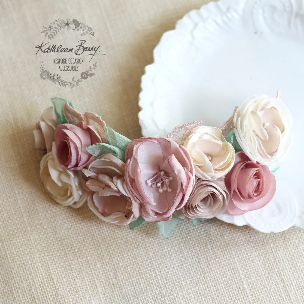 Joanne floral bridal hairpiece - Blush pink, cream and hint of sage green - flower garland clip