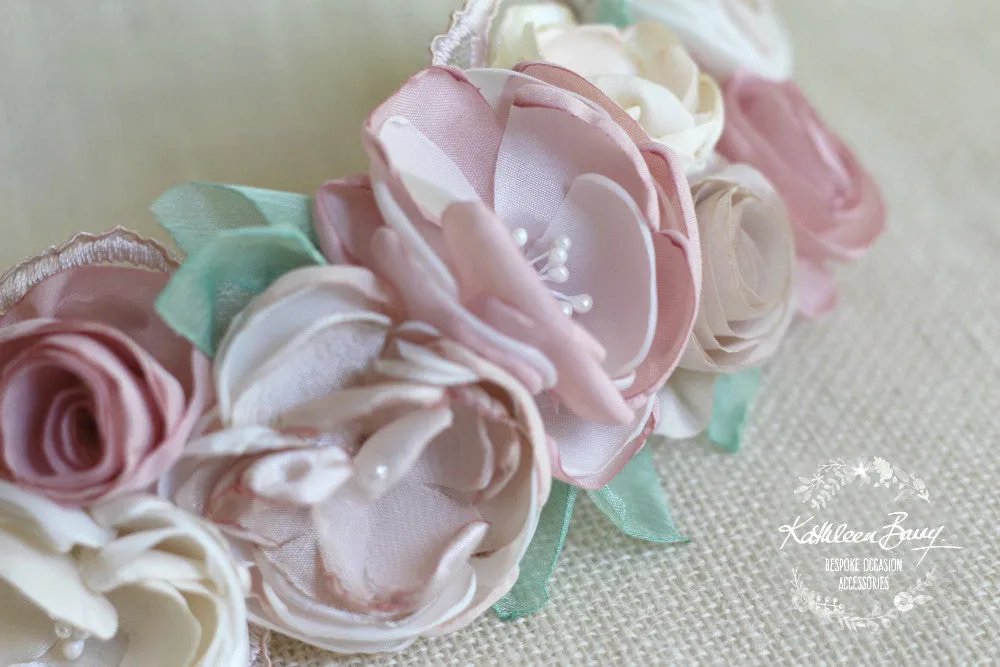 Joanne floral bridal hairpiece - Blush pink, cream and hint of sage green - flower garland clip