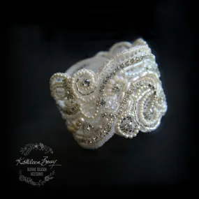 Lace cuff bracelet, crystal pearl with rhinestone detail, hand embellished - ivory & cream