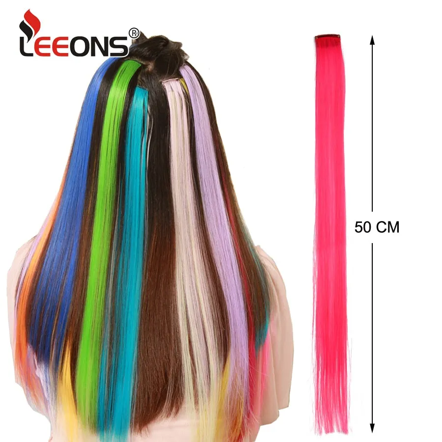 Leeons Colored Highlight Synthetic Hair Extensions Clip In One Piece Color Strips 20" Long Straight Hairpiece For Sports Fans